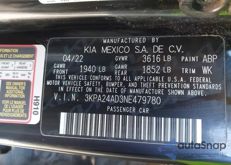 2022 Kia Rio Lx z USA, uszkodzony, nr VIN 3KPA24AD3NE479780